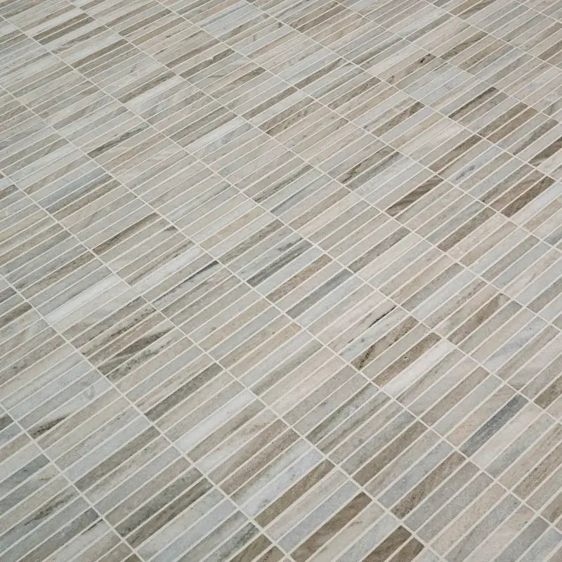 Ravello Mini Stack 12" x 12" honed marble mosaic tile with a contemporary linear design in a neutral color palette.
