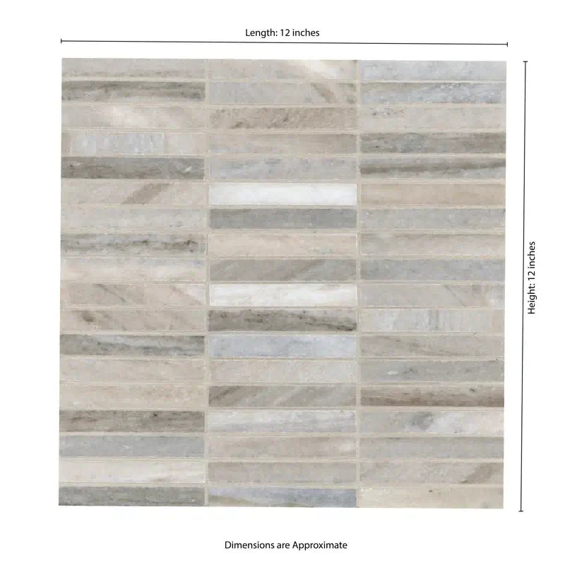 Ravello Mini Stack 12" x 12" honed marble mosaic tile showing linear pattern and approximate dimensions.