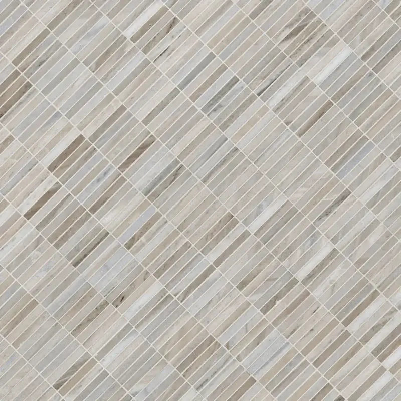 Ravello Mini Stack 12" X 12" honed marble mosaic tile in contemporary linear design, showcasing natural stone patterns.
