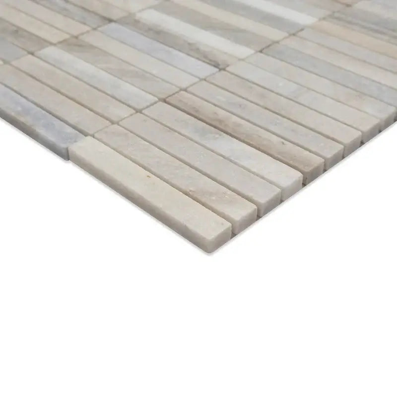Ravello Mini Stack honed marble mosaic tile, featuring contemporary linear design in shades of gray and beige.