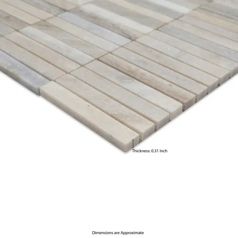 Ravello Mini Stack honed marble mosaic tile 12x12 with contemporary linear design and approximate thickness of 0.31 inch.