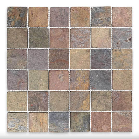 Indian Multi Color Slate Square 2x2 Tumbled Mosaic Tile featuring earthy purple, pink, grey, blue, brown, and rust tones.