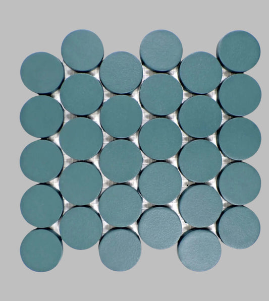Makoto 2" round matte porcelain mosaic tile in Arashi Blue for unique wall and floor designs.