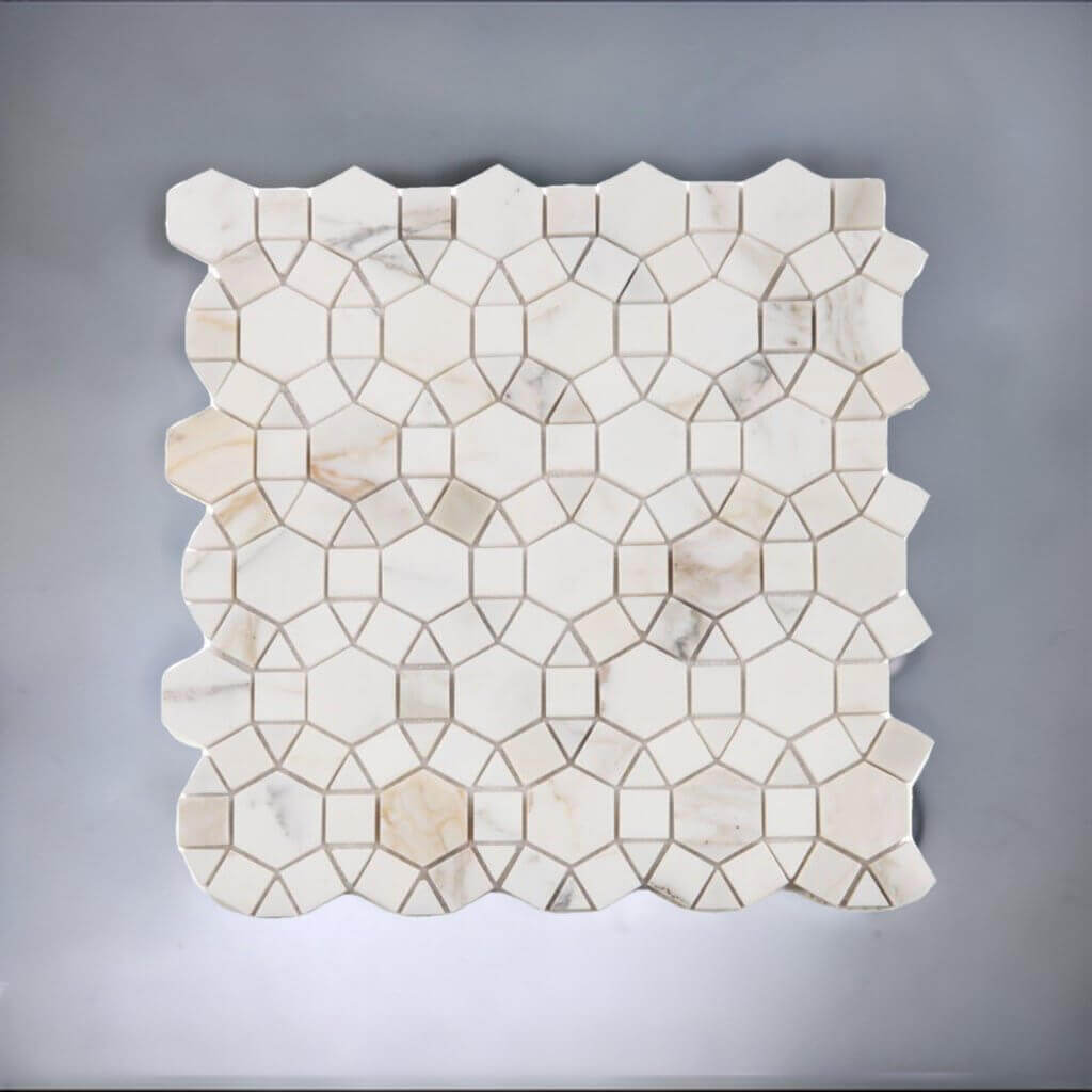 Aether Calacatta honed mosaic tile featuring intricate hexagon and square patterns, showcasing elegant marble design.