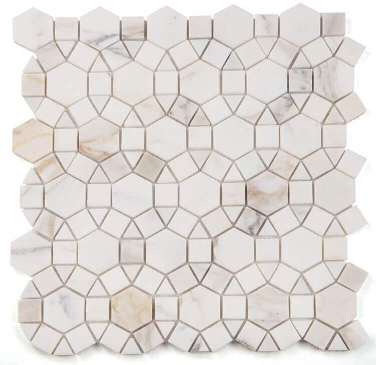 Aether Calacatta Honed 11.5x12 mosaic featuring intricate hexagon, square, and triangle patterns in elegant marble.