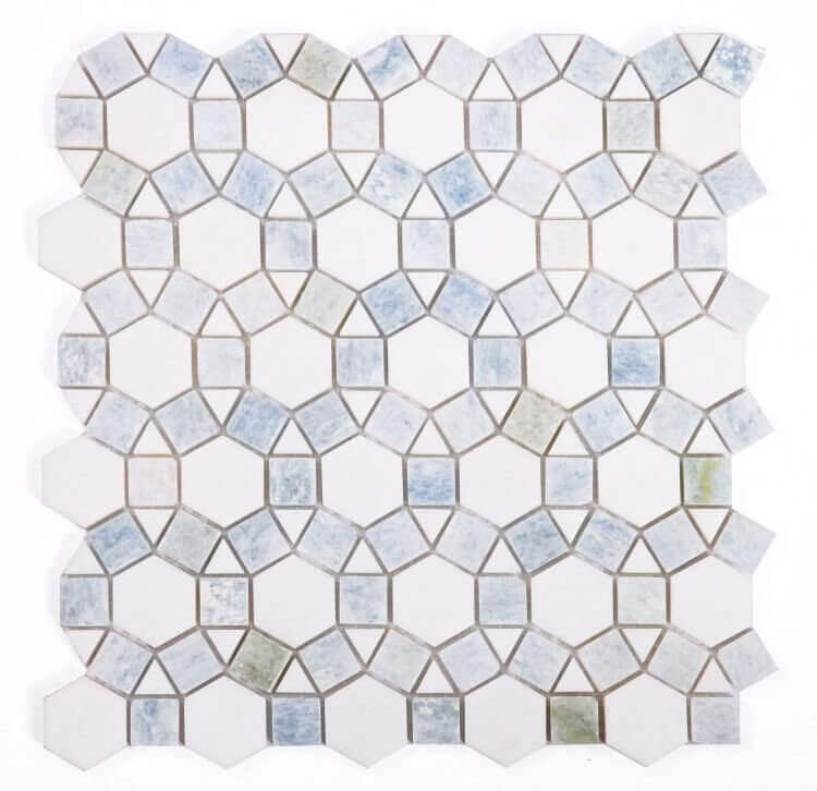 Aether Crystal Ocean 11.5x12 mosaic featuring Thassos Marble and Azul Caribe Quartzite in a circular pattern.
