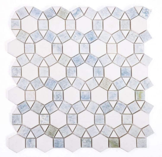 Aether Crystal Ocean 11.5x12 mosaic featuring Thassos Marble and Azul Caribe Quartzite in a circular pattern.