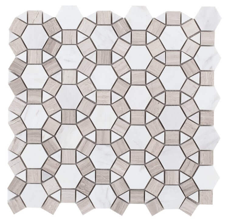 Geometric mosaic tile design featuring white and gray marbles in hexagonal patterns, ideal for elegant interiors.
