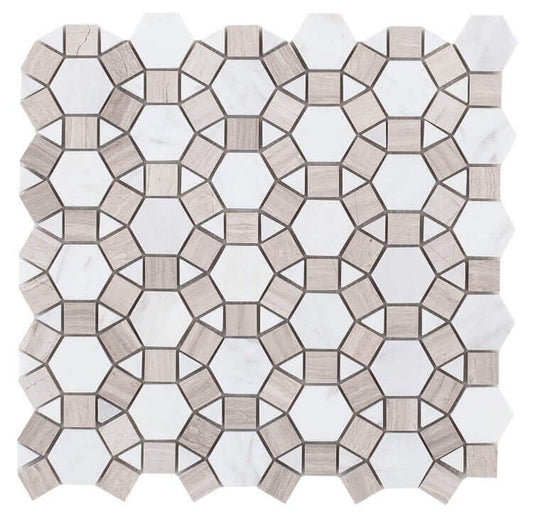 Geometric mosaic tile design featuring white and gray marbles in hexagonal patterns, ideal for elegant interiors.
