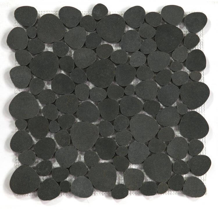 Aphrodite Basalt mosaic tile featuring a unique pebble design in grey and black hues, perfect for various decor styles.