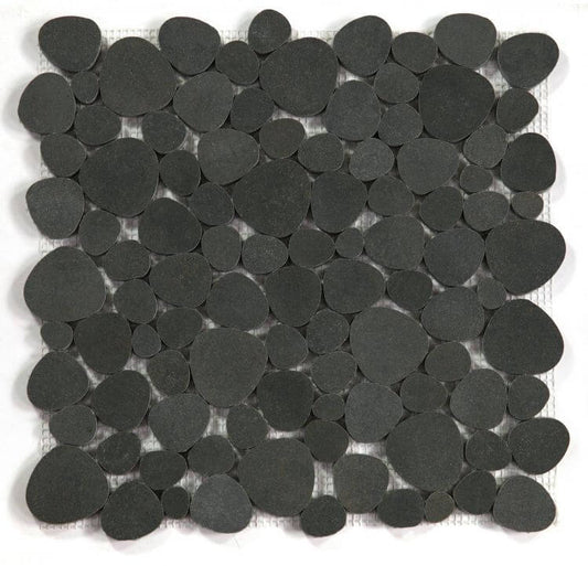 Aphrodite Basalt mosaic tile featuring a unique pebble design in grey and black hues, perfect for various decor styles.