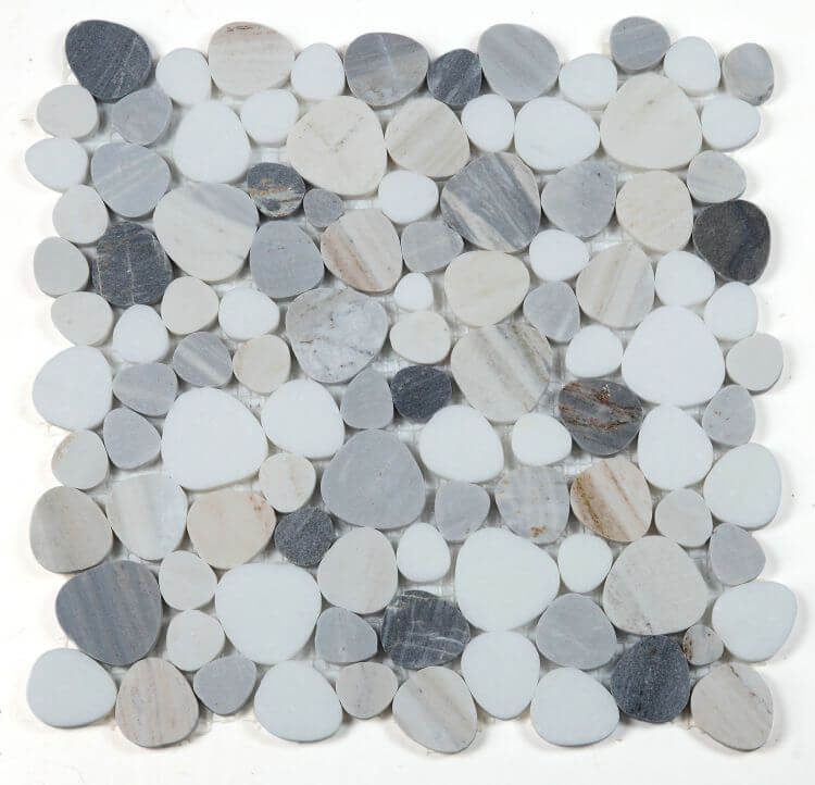 Aphrodite Beach 12x12 mosaic tile featuring polished Palissandro White and Blue marble pieces.