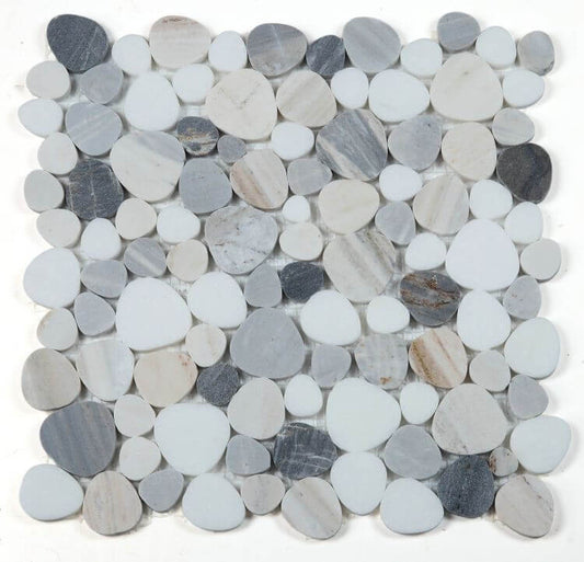 Aphrodite Beach 12x12 mosaic tile featuring polished Palissandro White and Blue marble pieces.