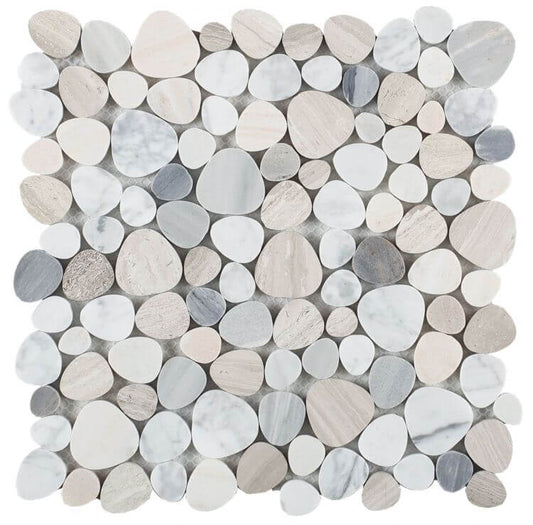 Aphrodite Blue 12x12 marble mosaic tile featuring a heart-shaped pattern of gray and white stones.