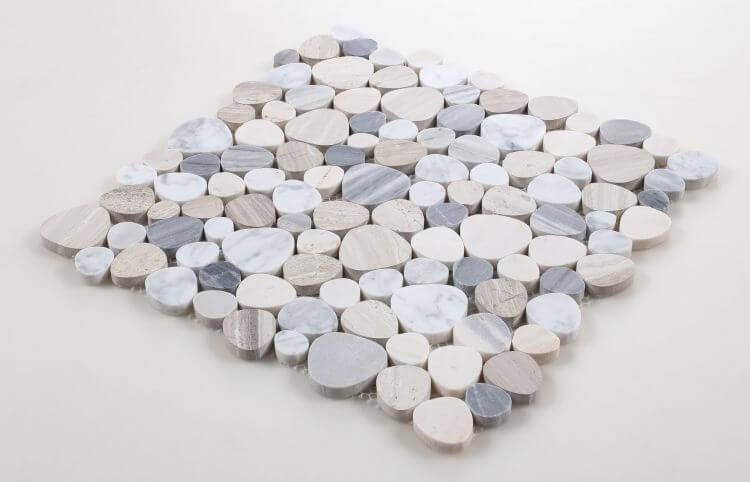 Aphrodite Blue 12x12 mosaic tile featuring a heart-shaped pattern in polished marble with white, blue, and Haisa tones.