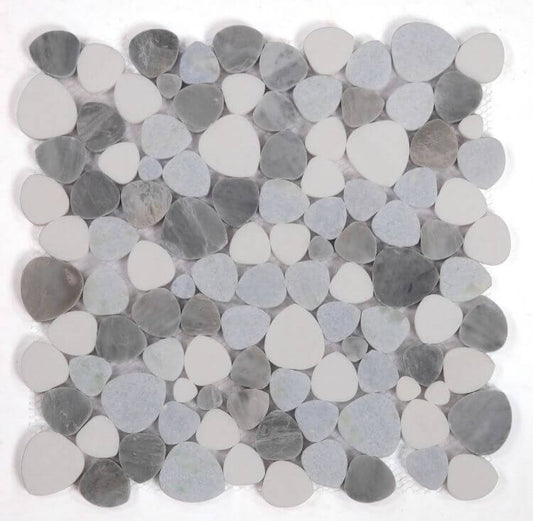 Gray and white pebble mosaic tile in a natural stone pattern, ideal for bathroom or kitchen decor.