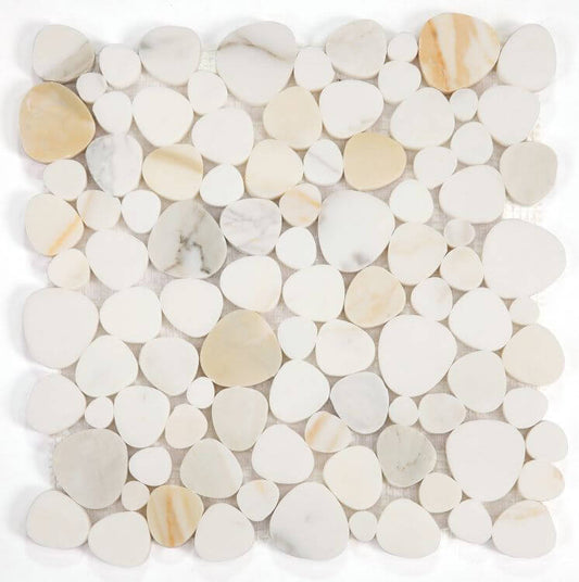 Calacatta Gold Pebble Mosaic Tile 12x12 featuring naturally shaped, elegant marble pebbles in a creamy white color palette.
