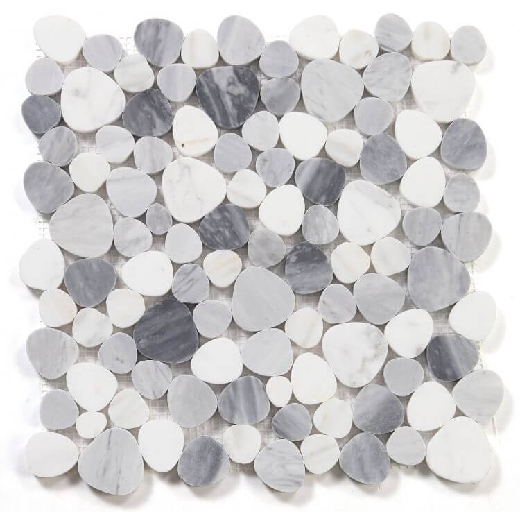 Aphrodite Calacatta Grey 12x12 mosaic tile showcasing a unique pebble design in grey and white marble.