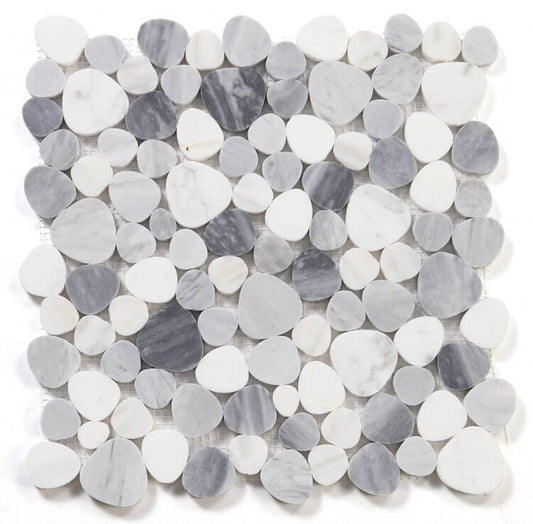 Aphrodite Calacatta Grey 12x12 mosaic tile showcasing a unique pebble design in grey and white marble.