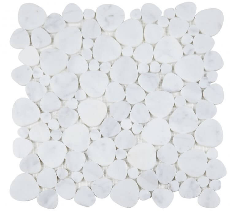 Aphrodite Carrara 12x12 white marble mosaic tiles shaped like hearts, polished finish for a luminous effect.