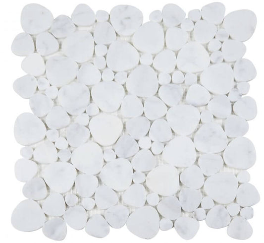 Aphrodite Carrara 12x12 white marble mosaic tiles shaped like hearts, polished finish for a luminous effect.