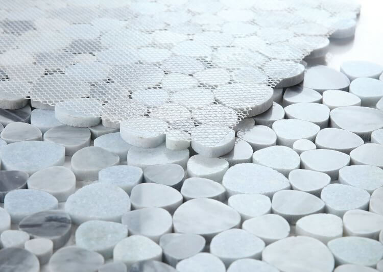 Aphrodite Cliff 12x12 Bardiglio Gray and Blue Marble mosaic tiles featuring heart-shaped pieces.