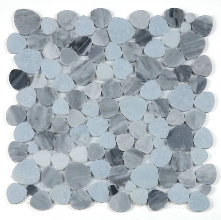 Aphrodite Cliff 12x12 mosaic tile in Bardiglio Gray and Argentina Sky Blue marble, showcasing heart-shaped pieces.