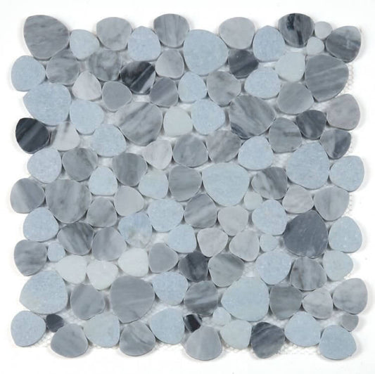Aphrodite Cliff 12x12 mosaic tile in Bardiglio Gray and Argentina Sky Blue marble, showcasing heart-shaped pieces.