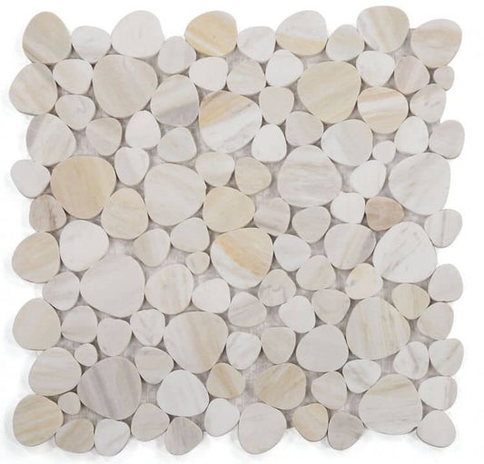 Aphrodite Eura Wood Mosaic featuring heart-shaped beige marble pieces for elegant flooring or wall design.