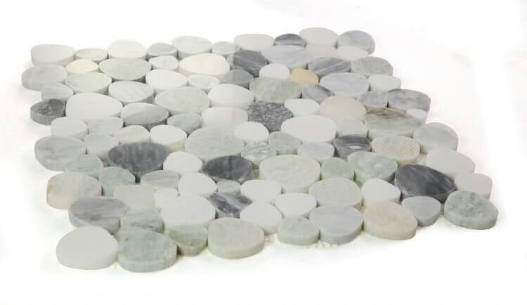 Aphrodite Grassland 12x12 mosaic tile featuring polished White Thassos, White Onyx, Green Onyx, and Bardiglio Grey marble.