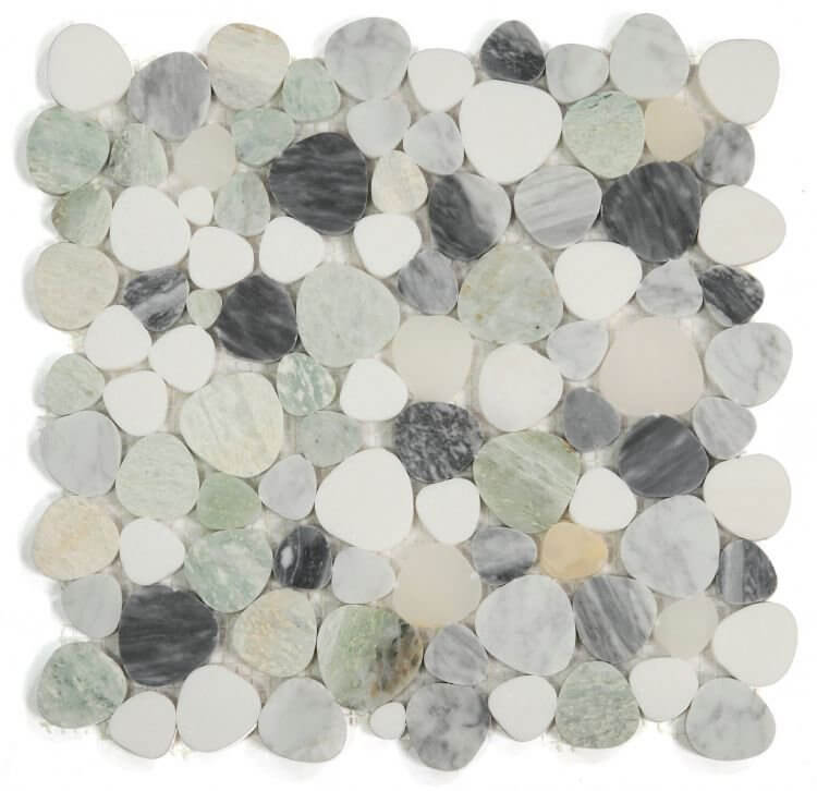 Aphrodite Grassland 12x12 mosaic featuring White Thassos, White Onyx, Green Onyx, and Bardiglio Grey marble.