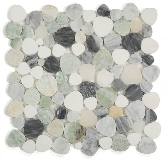 Aphrodite Grassland 12x12 mosaic featuring White Thassos, White Onyx, Green Onyx, and Bardiglio Grey marble.