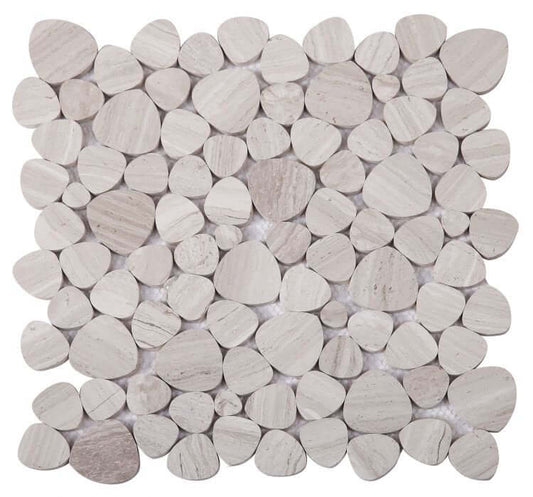 Aphrodite Grey 12x12 marble mosaic tiles with heart-shaped pieces, showcasing a polished finish and refined design.