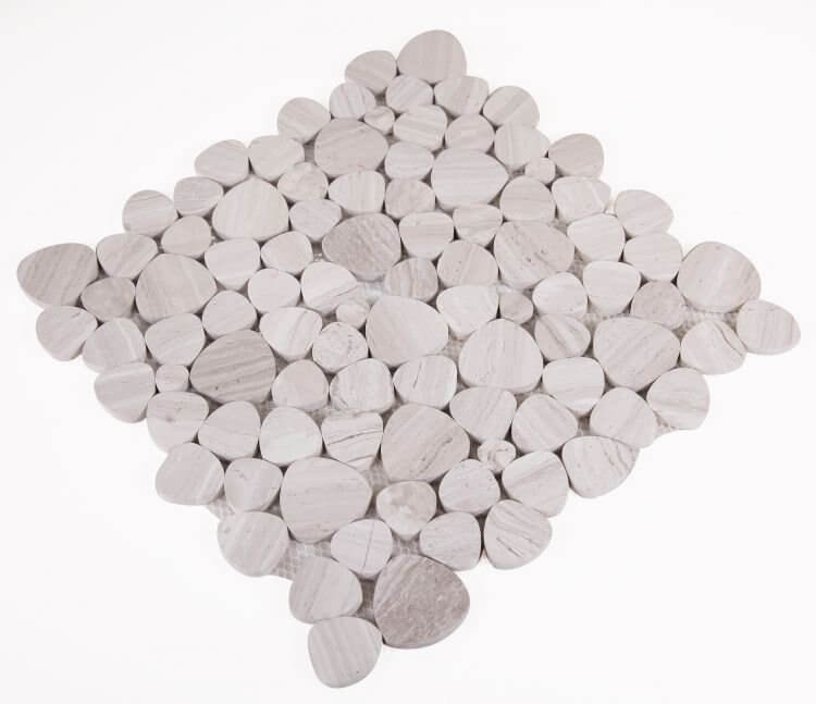 Aphrodite Grey 12 x 12 Haisa Marble Mosaics featuring heart-shaped polished tiles for luxurious decor.