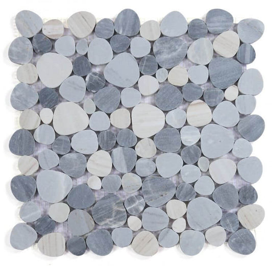 Aphrodite Italian Blue Mosaics 12x12 tile with heart-shaped Palissandro Blue Marble pieces in a pebble mosaic design.