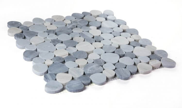 Aphrodite Italian Blue 12x12 pebble mosaic tile showcasing heart-shaped Palissandro Blue Marble.