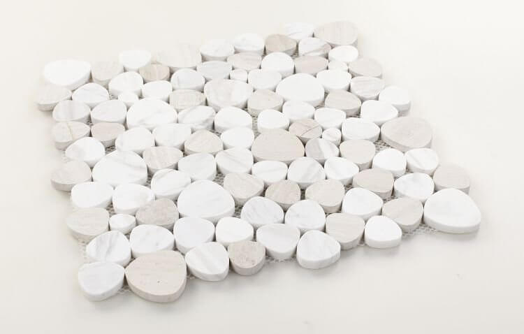 Aphrodite Loft 12x12 marble mosaics featuring heart-shaped white and beige tiles, perfect for luxurious interior decor.