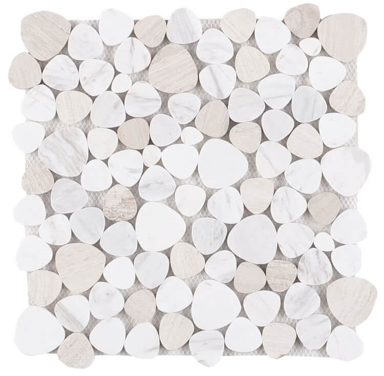 Aphrodite Loft 12x12 mosaic tiles featuring premium Volakas White and Haisa marble in elegant heart shapes.