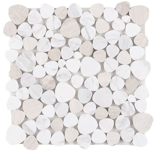 Aphrodite Loft 12x12 mosaic tiles featuring premium Volakas White and Haisa marble in elegant heart shapes.