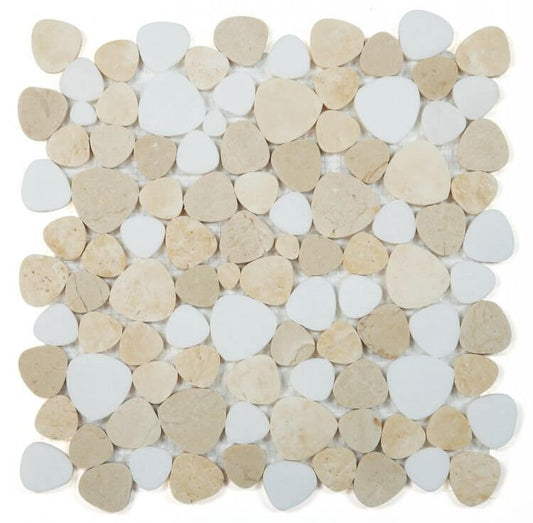 Aphrodite Marfil 12x12 mosaic tile featuring polished heart-shaped Thassos and Marfil marble pieces in beige and white hues.