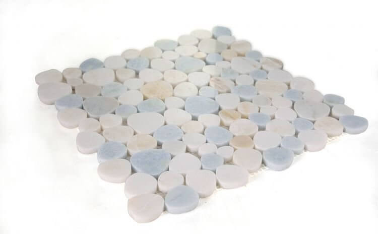 Aphrodite Marina 12 x 12 marble mosaic tile featuring heart-shaped pieces in white and blue tones.