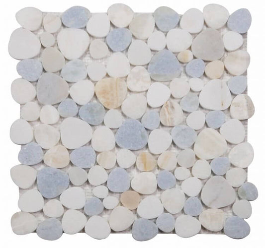 Aphrodite Marina 12x12 polished marble mosaic tile featuring a blend of white and blue stones.