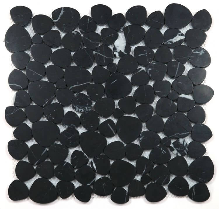 Aphrodite Marquina honed mosaic tiles in heart shapes featuring authentic black Nero Marquinia marble.
