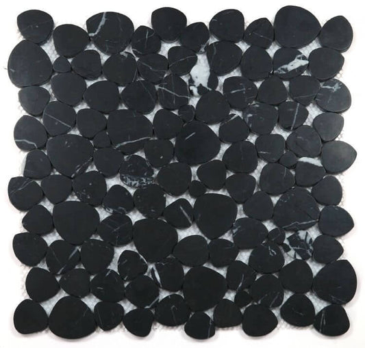Aphrodite Marquina honed mosaic tiles in heart shapes featuring authentic black Nero Marquinia marble.