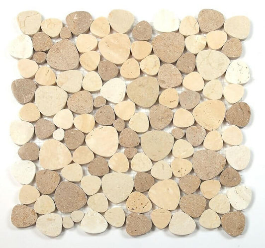 Aphrodite Mix Brown mosaic tiles featuring heart-shaped pieces in warm brown and beige tones, ideal for sophisticated decor.