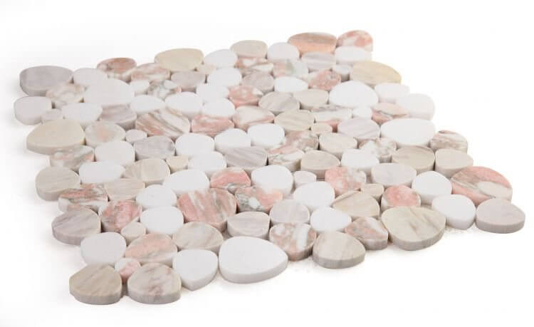 Aphrodite Rose Marble Mosaic tiles in pebble design, showing blend of White Thassos and Rosa Norvegia marble.