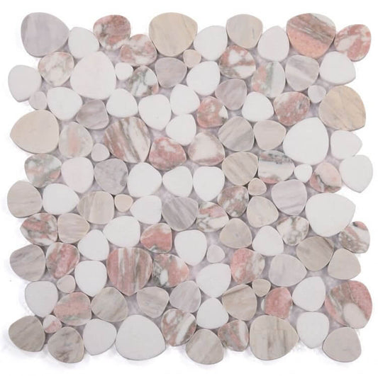 Aphrodite Rose Marble Mosaic tiles in a pebble design, featuring white and pink marble, 12 x 12 size, polished finish.