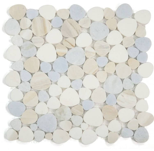 Aphrodite Sky Marble Mosaic tile showcasing heart-shaped pieces in soothing blue, white, and beige hues, polished finish.