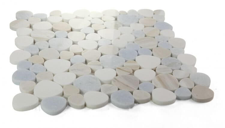 Aphrodite Sky Marble Mosaic tile, featuring heart-shaped pieces in soothing blue, white, and beige tones, polished finish.
