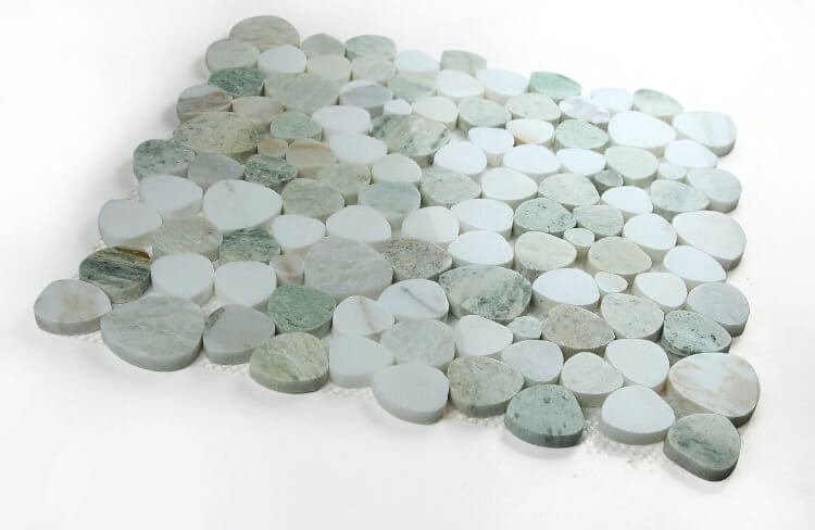 Aphrodite Spring 12x12 pebble-shaped marble mosaic with green and white hues, made from Onyx and White marble.